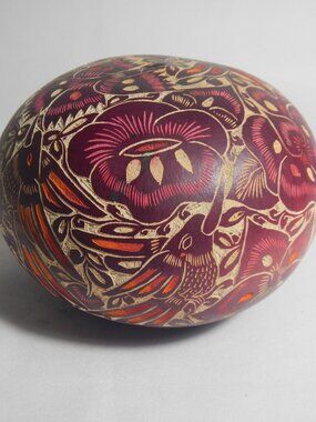 Carved Gourd Detailed Hand Carved Peru Vintage Flowers Hummingbirds Pink Purple